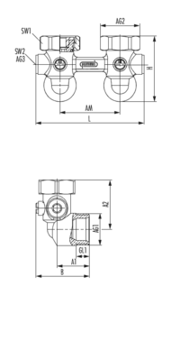 Zweirohranschlussblock Eckform entleerbar