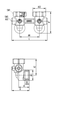 Zweirohranschlussblock Eckform entleerbar