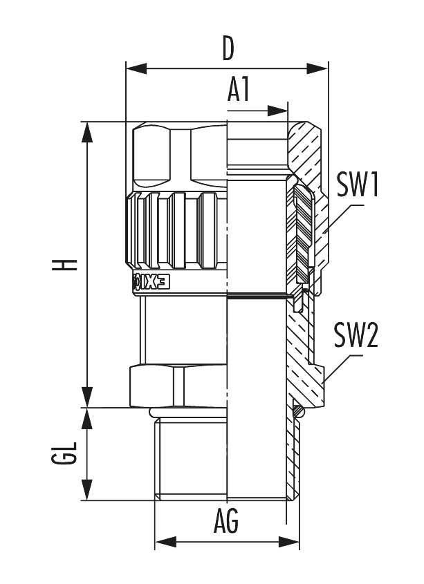 EXIOS +A2F Messing vernickelt, Kabelverschraubung, EXIOS