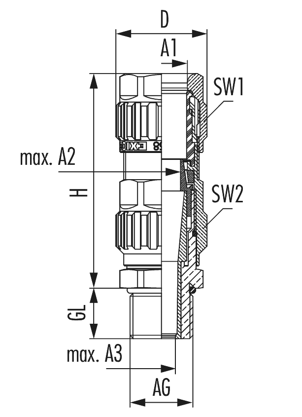 EXIOS +Barrier Messing blank, Kabelverschraubung, EXIOS