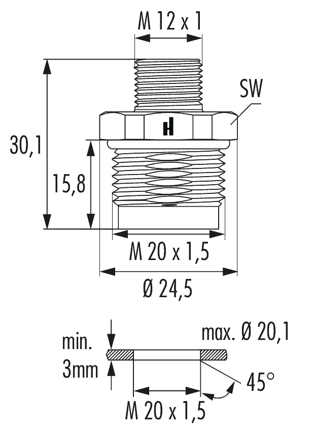 M12 Power panel connector, Circular Connector, Connector, M12, Power