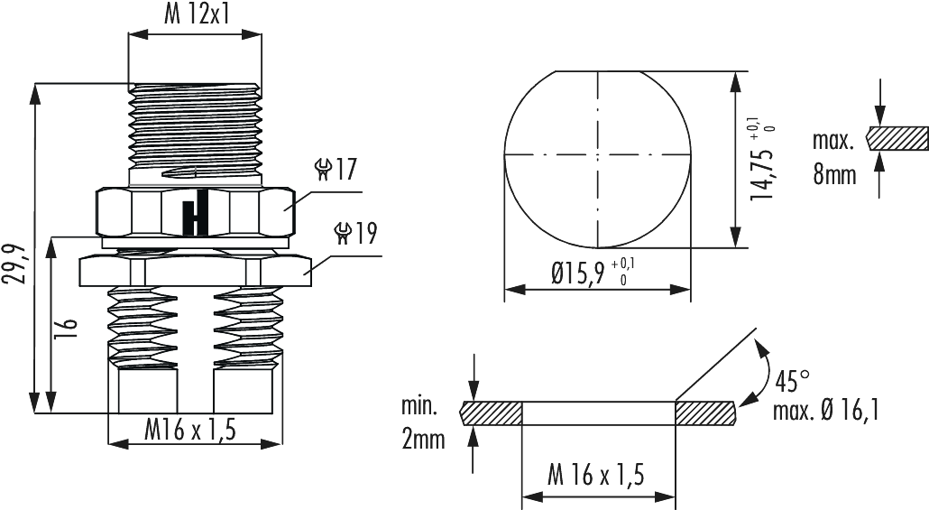 M12 Power panel connector, Circular Connector, Connector, M12, Power