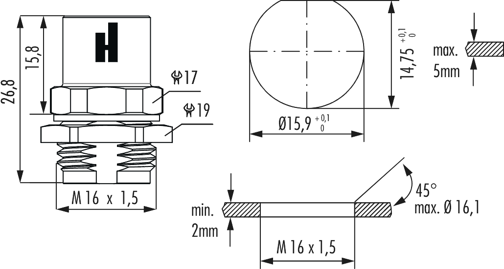 M12 Power panel connector, Circular Connector, Connector, M12, Power