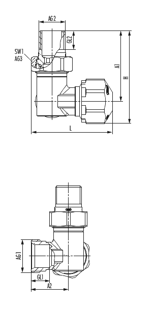 Thermostatic valve angular shape left