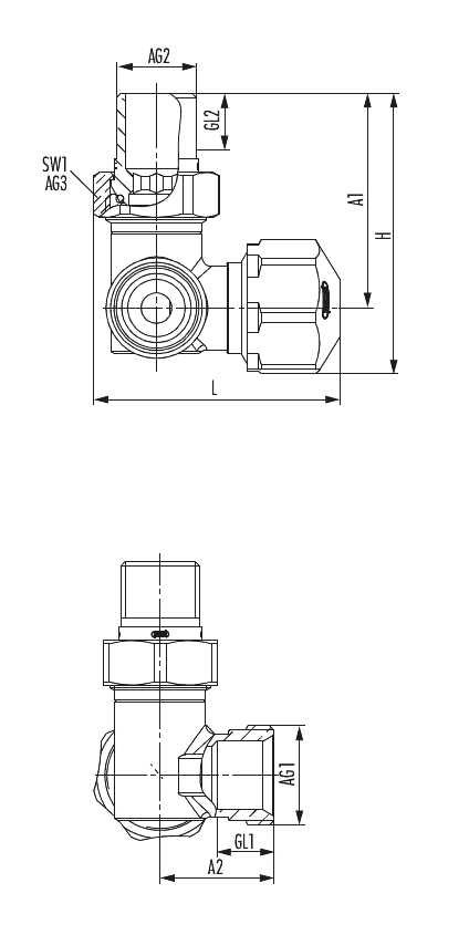 Thermostatic valve angular shape right